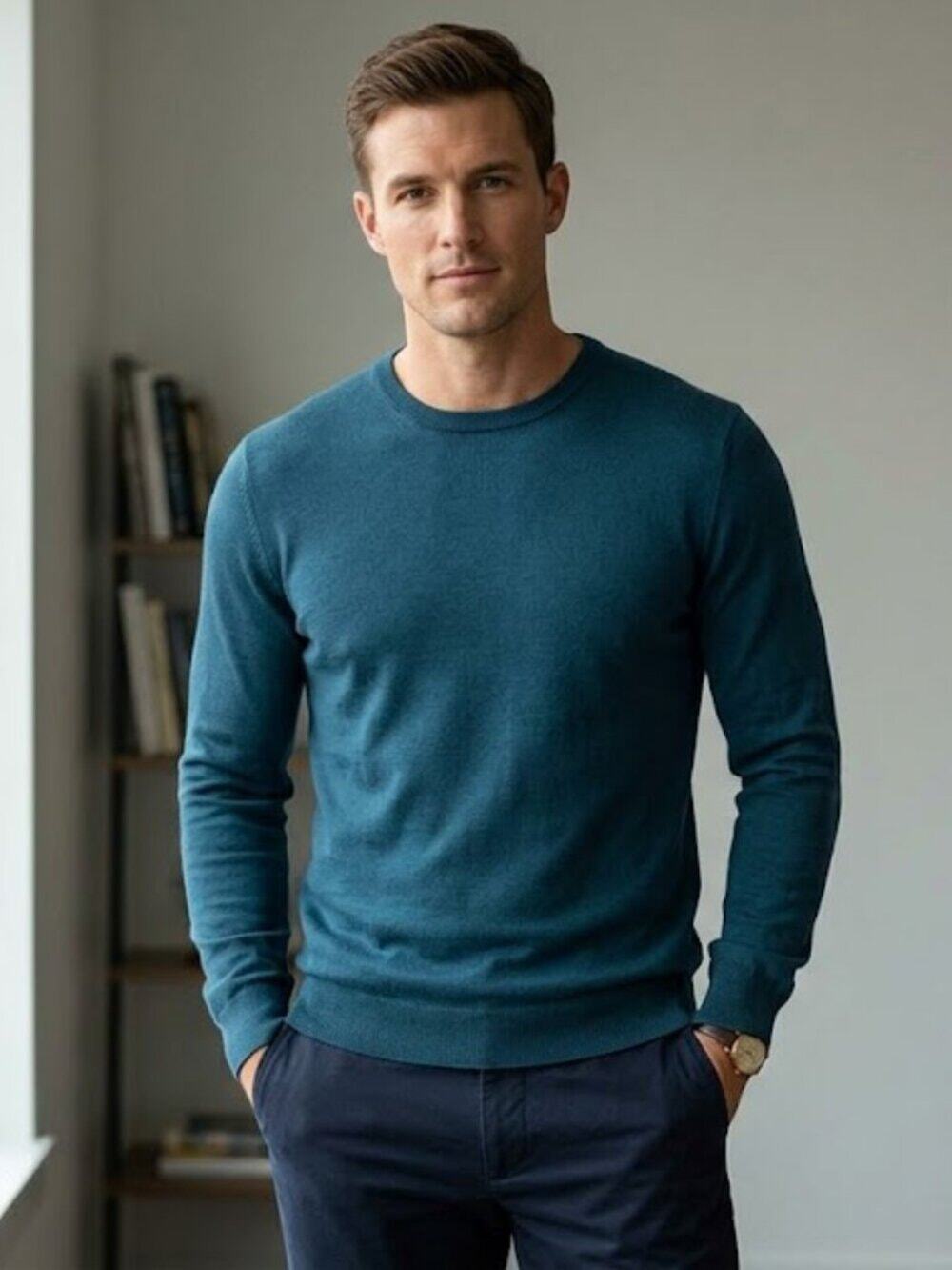 Slinteks 80% Merino Wool  Men's Crewneck Sweater in Teal Size M